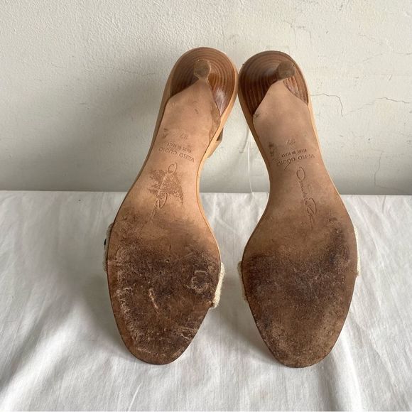 Oscar De La Renta Beaded Linen Sling Back Sandals Kitten Heels - Picture 14 of 14